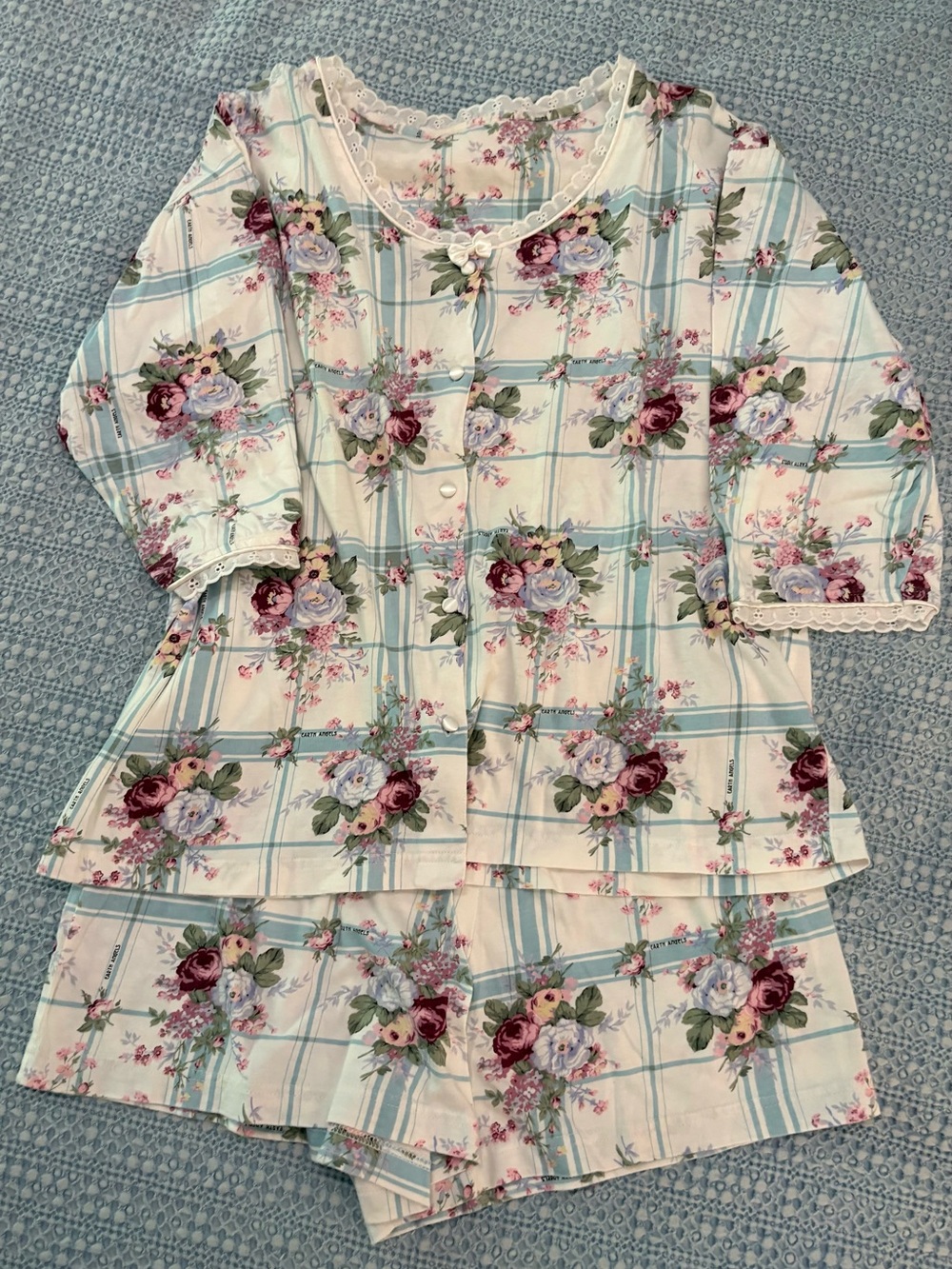 Vintage Earth Angels Floral Plaid Women's Short Pajama Set - Cream & Blue sz